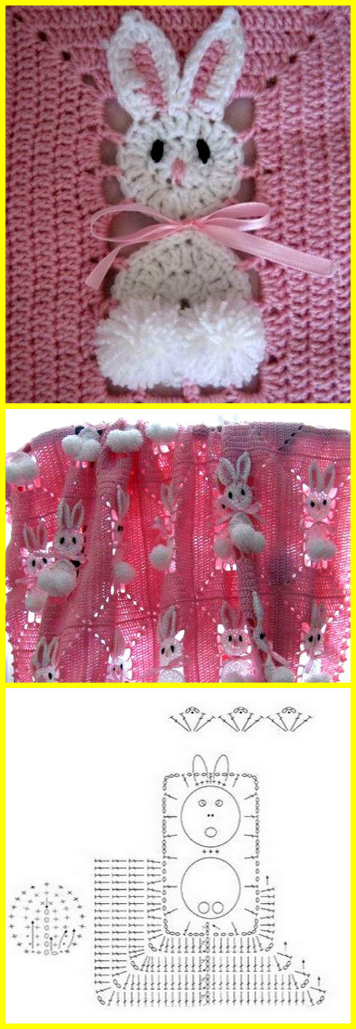 Crochet Pom Pom Bunny Square Blanket Free Pattern