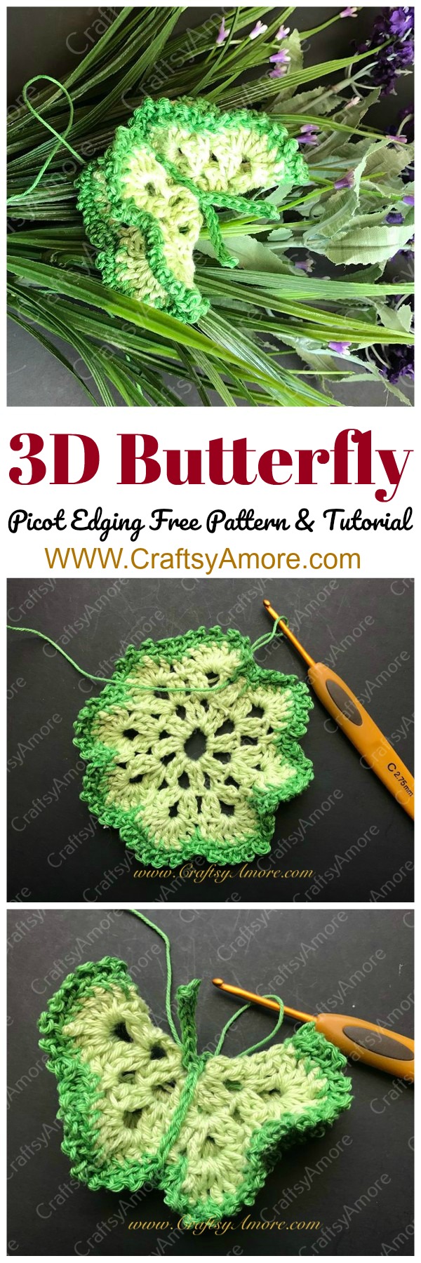Crochet 3D Butterfly with Picot Edging Free Pattern & Step by Step Tutorial Pin