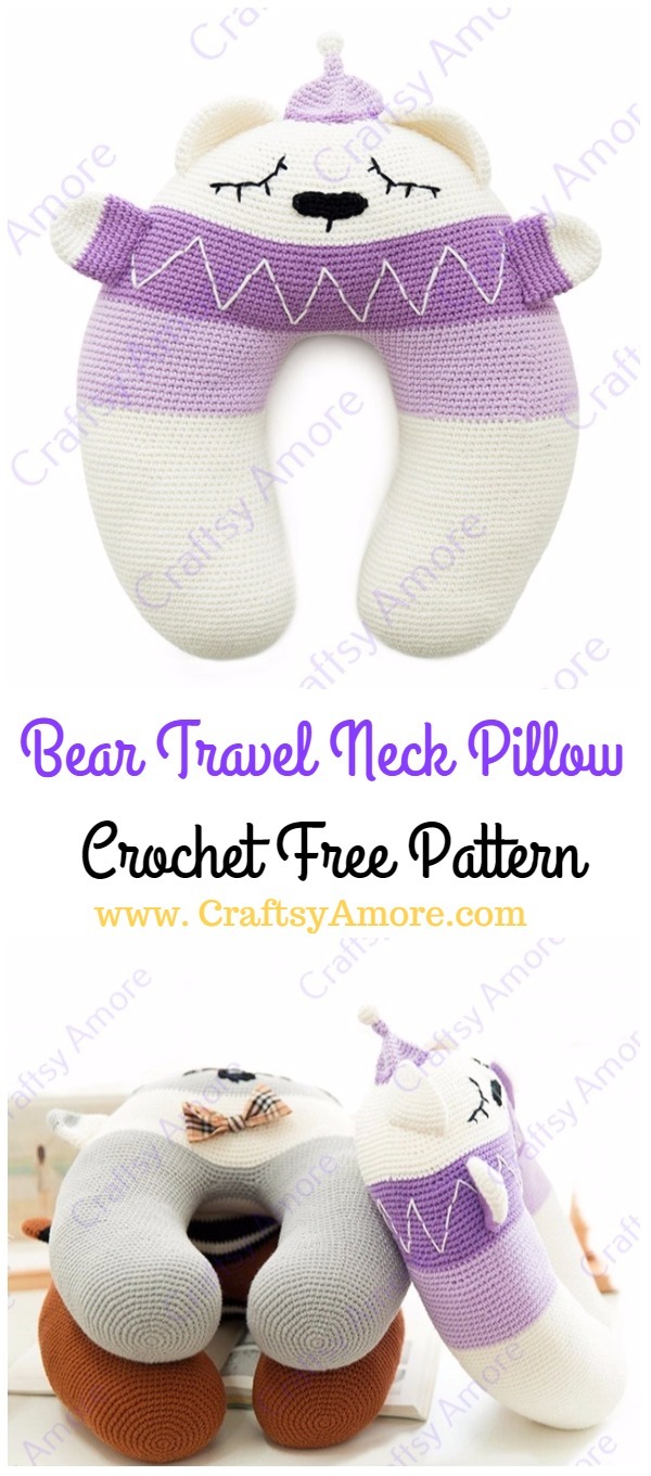 Crochet U Shape Loving Bear Travel Neck Pillow Free Pattern