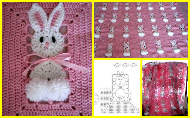 Crochet Pom Pom Bunny Square Blanket